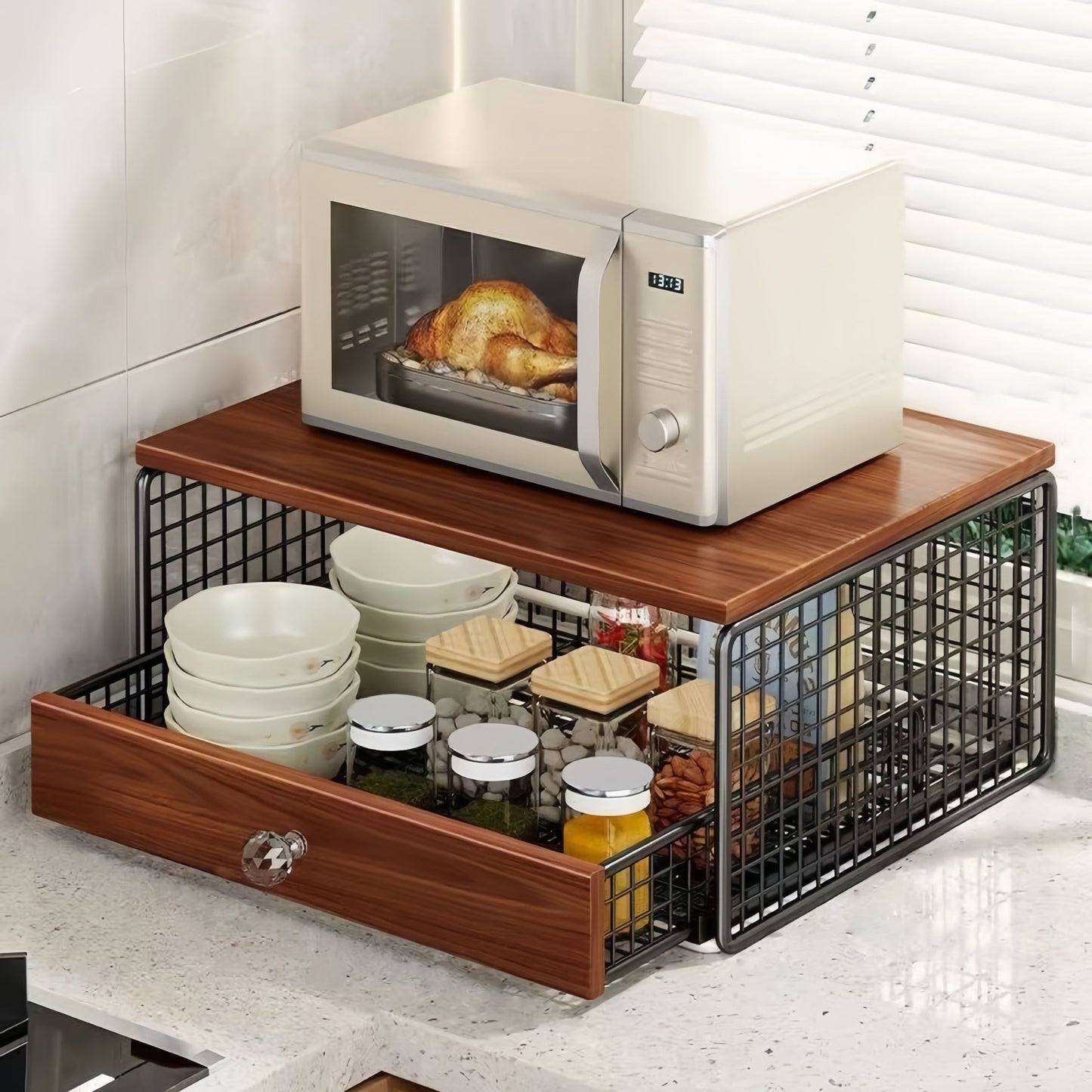 Coffee Machine Stand,Coffee Capsule Storage, Kitchen Counter Organizer with Drawer& Wire Basket, Space Saving Design, No Assembly, Tea Storage,for Kitchen Appliances