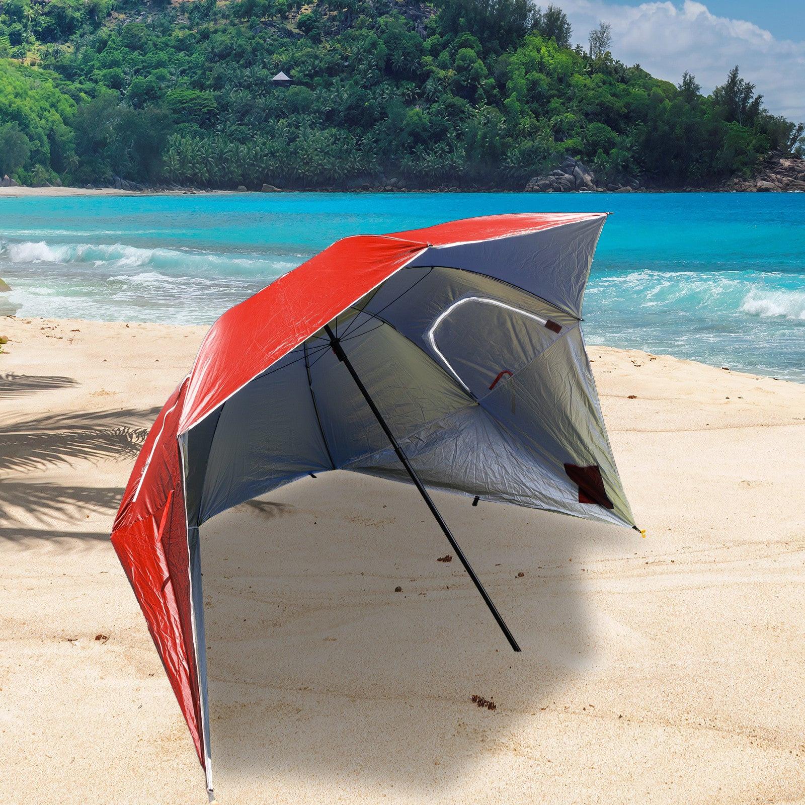 Havana Outdoors Beach Umbrella 2.4M Outdoor Garden Beach Portable Shade Shelter - Red.