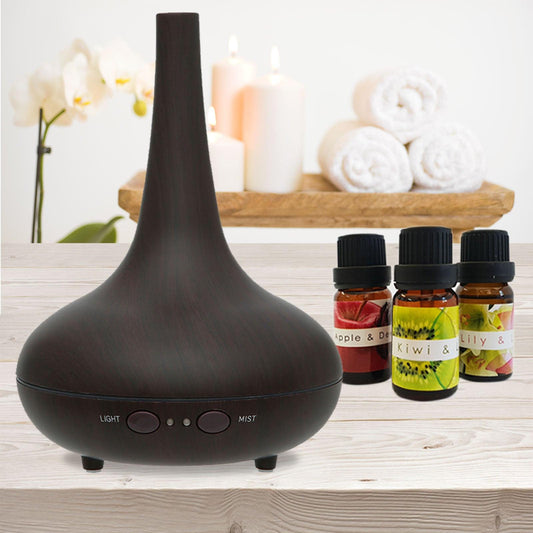 Essential Oil Diffuser Ultrasonic Humidifier Aromatherapy LED Light 200ML 3 Oils - Dark Wood Grain.