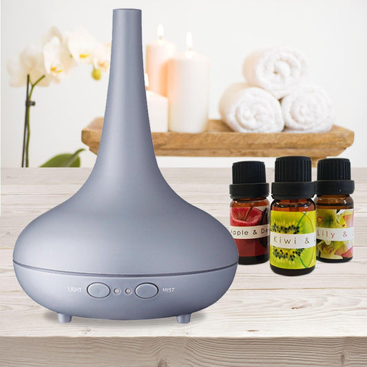 Essential Oil Diffuser Ultrasonic Humidifier Aromatherapy LED Light 200ML 3 Oils - Matte Grey.