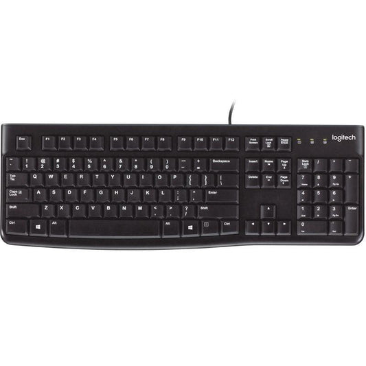 LOGITECH K120 Keyboard Quiet typing Spill-resistant Durable keys Thin profile Curved space bar Adjustable tilt legs.