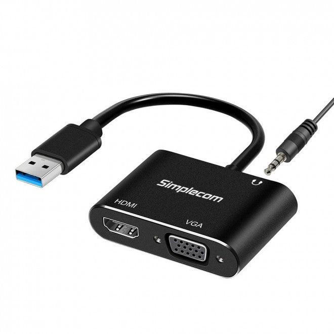 SIMPLECOM DA316A USB to HDMI + VGA Video Card Adapter with 3.5mm Audio.