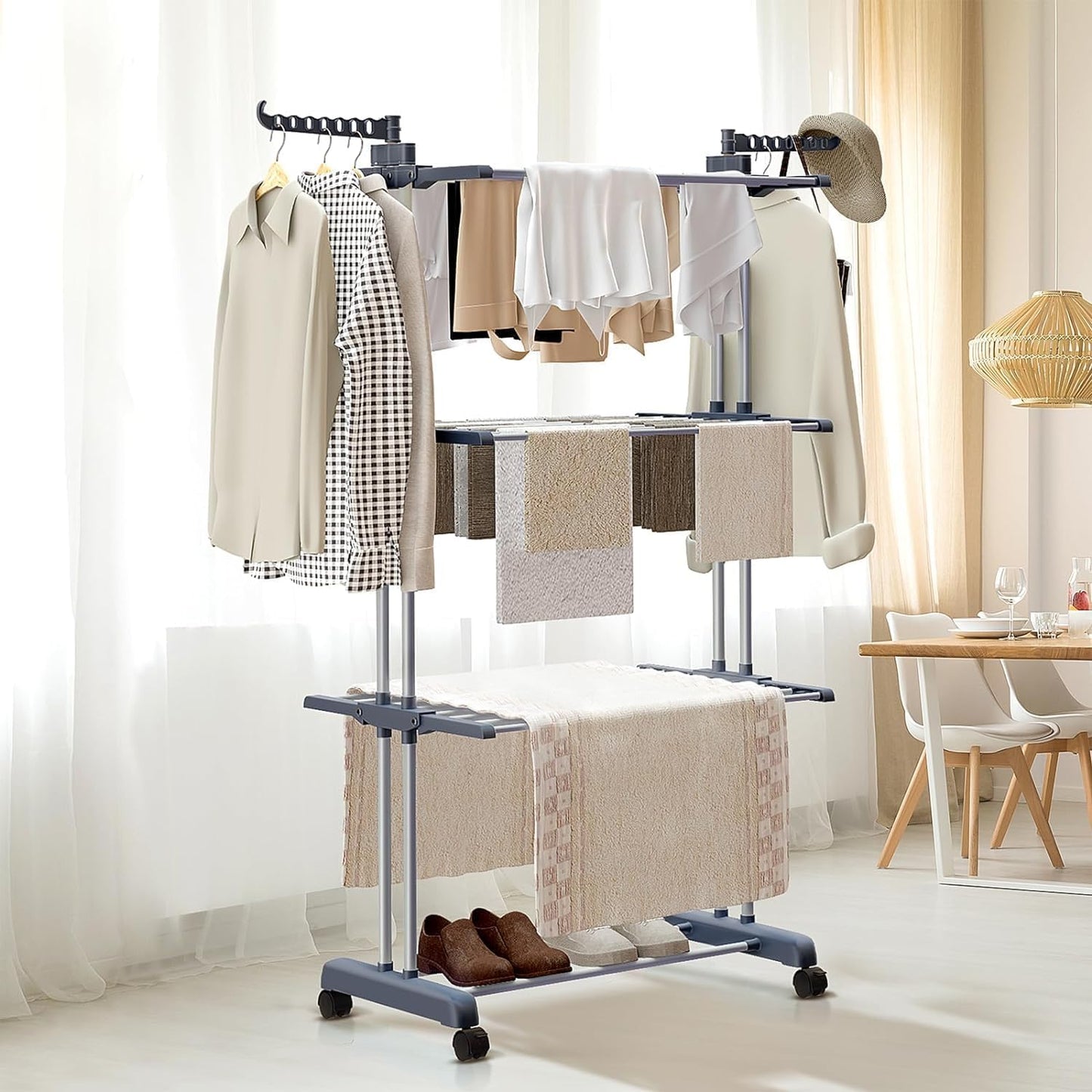 CARLA HOME Folding Clothes Drying Rack with Wheels and Adjustable Side Wings for Laundry Rack and Clothes Storage (Upgraded Model)