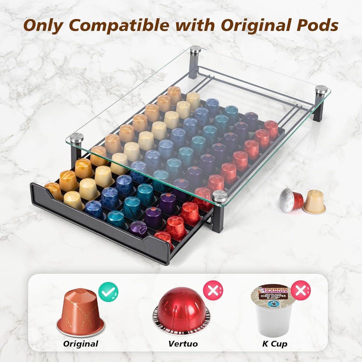 CARLA HOME 60 Coffee Pod Holder Drawer with Tempered Glass Capsule Organizer for Nespresso Pods and Sliding Drawer for Kitchen Countertop.