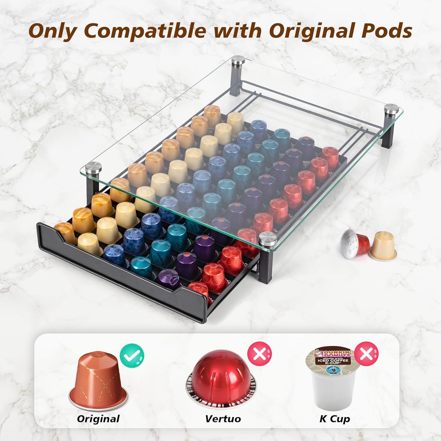 CARLA HOME 60 Coffee Pod Holder Drawer with Tempered Glass Capsule Organizer for Nespresso Pods and Sliding Drawer for Kitchen Countertop.