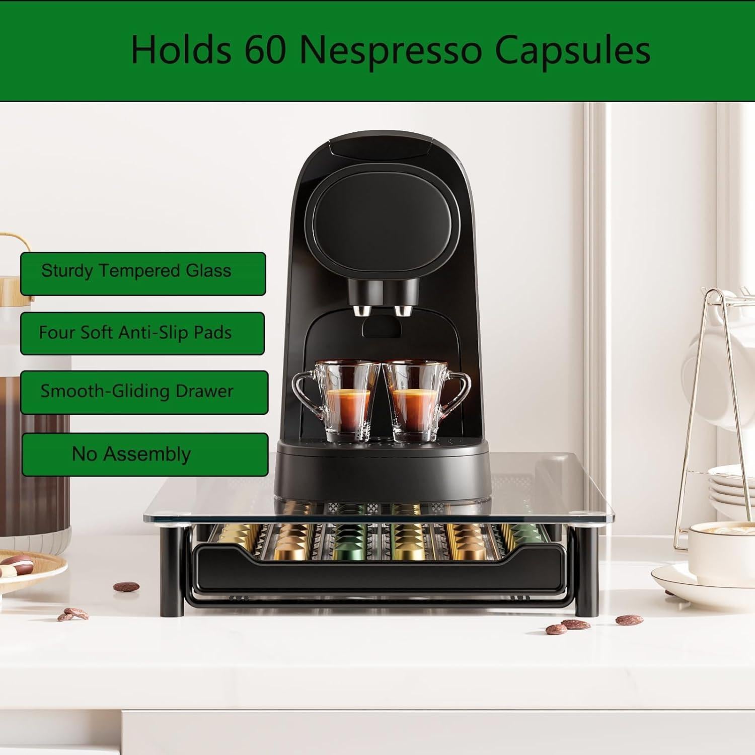 CARLA HOME 60 Coffee Pod Holder Drawer with Tempered Glass Capsule Organizer for Nespresso Pods and Sliding Drawer for Kitchen Countertop.