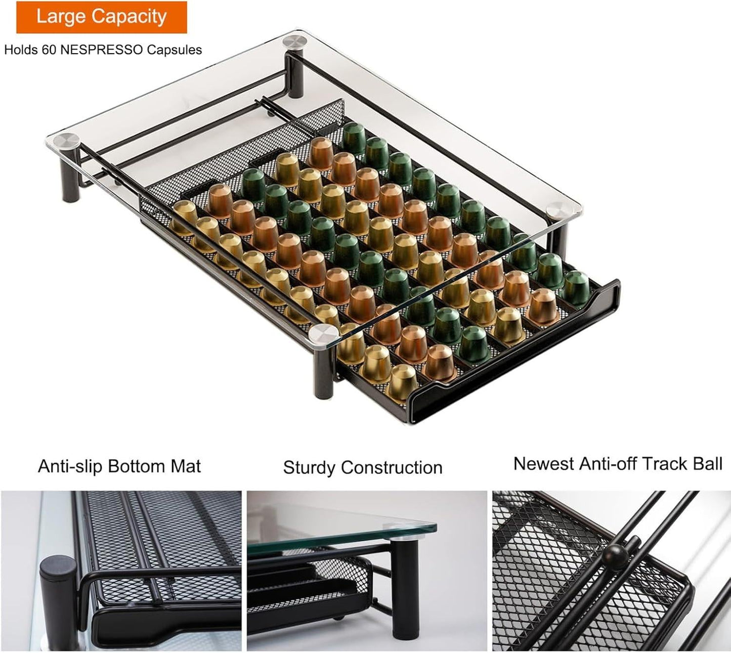 CARLA HOME 60 Coffee Pod Holder Drawer with Tempered Glass Capsule Organizer for Nespresso Pods and Sliding Drawer for Kitchen Countertop.
