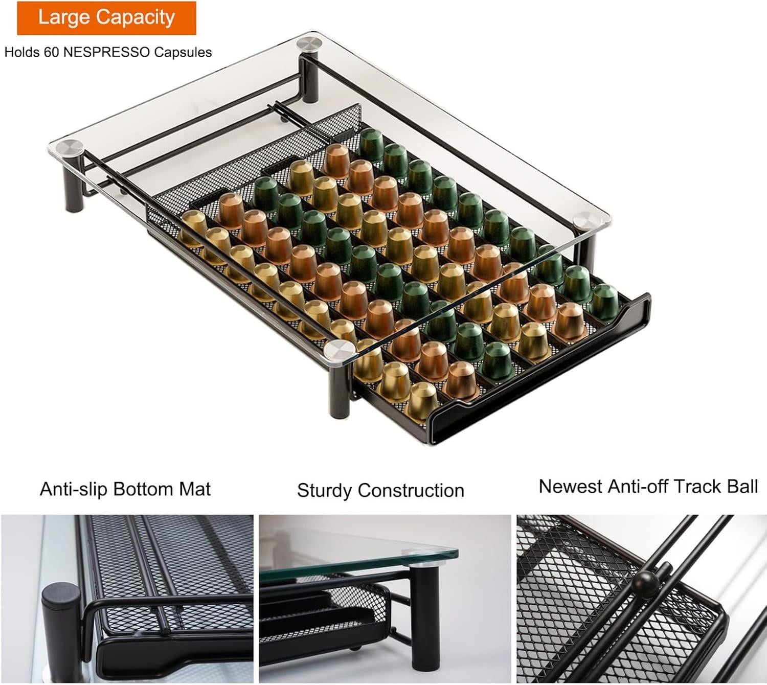 CARLA HOME 60 Coffee Pod Holder Drawer with Tempered Glass Capsule Organizer for Nespresso Pods and Sliding Drawer for Kitchen Countertop.