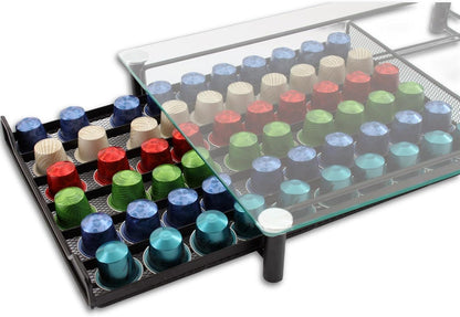 CARLA HOME 60 Coffee Pod Holder Drawer with Tempered Glass Capsule Organizer for Nespresso Pods and Sliding Drawer for Kitchen Countertop.