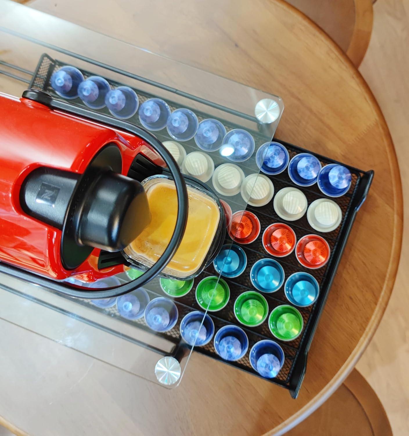 CARLA HOME 60 Coffee Pod Holder Drawer with Tempered Glass Capsule Organizer for Nespresso Pods and Sliding Drawer for Kitchen Countertop.