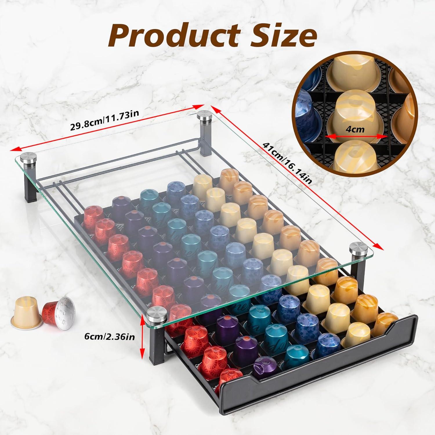 CARLA HOME 60 Coffee Pod Holder Drawer with Tempered Glass Capsule Organizer for Nespresso Pods and Sliding Drawer for Kitchen Countertop.