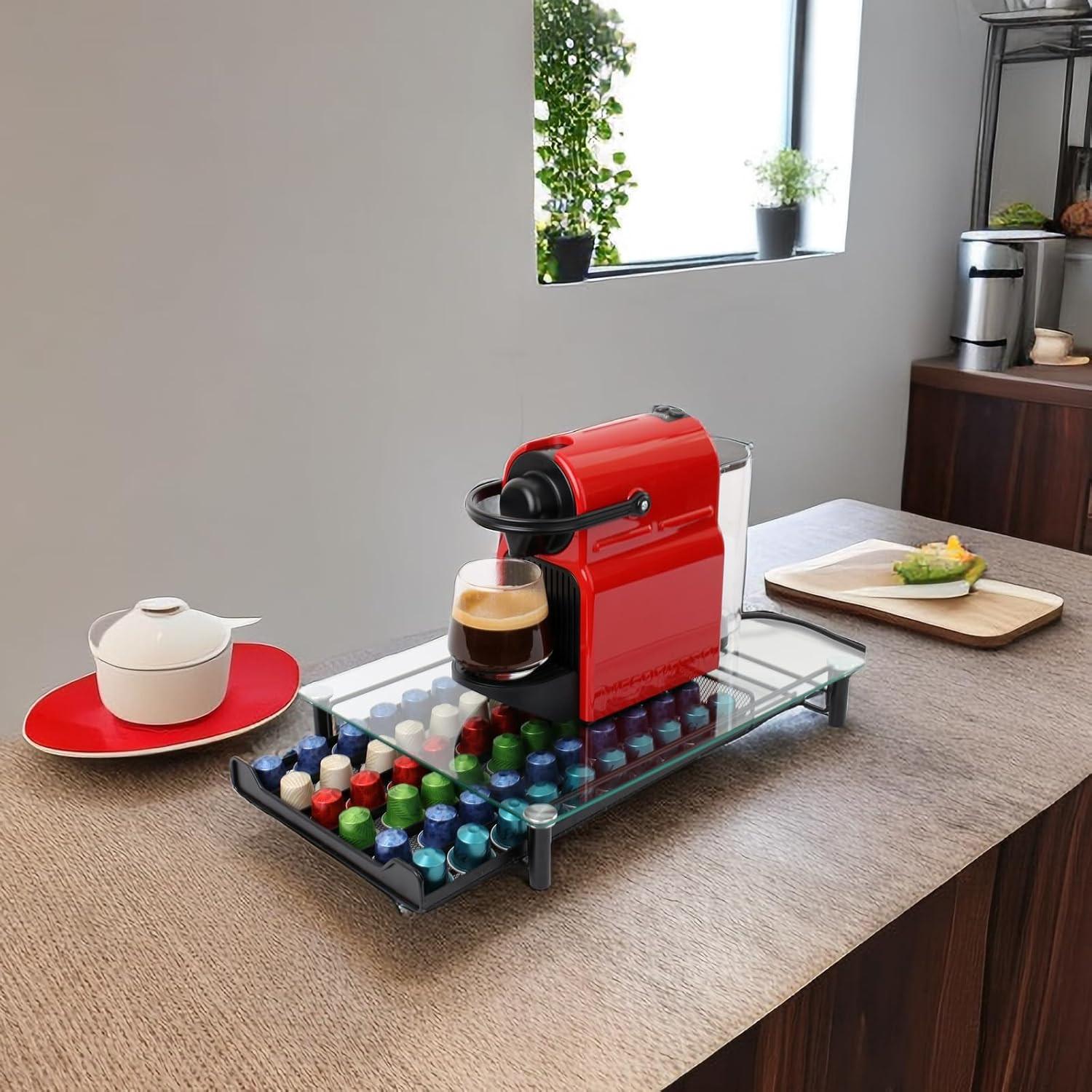 CARLA HOME 60 Coffee Pod Holder Drawer with Tempered Glass Capsule Organizer for Nespresso Pods and Sliding Drawer for Kitchen Countertop.