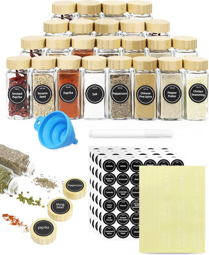 CARLA HOME 24 Glass Spice Jars with Bamboo Lids, Shaker Tops, 180 Spice Labels, White Pen & Funnel for Kitchen Organization, Spice Rack, Seasoning & Herb Storage.