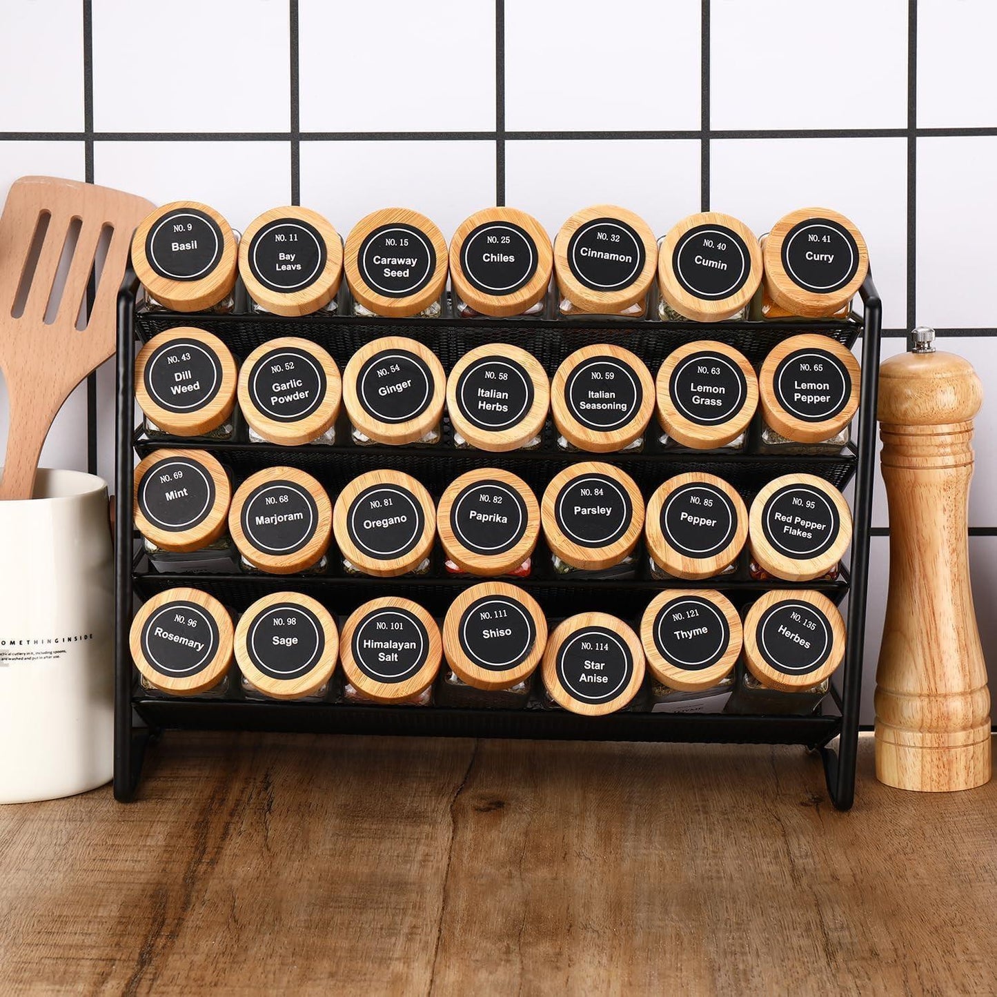 CARLA HOME 24 Glass Spice Jars with Bamboo Lids, Shaker Tops, 180 Spice Labels, White Pen & Funnel for Kitchen Organization, Spice Rack, Seasoning & Herb Storage.