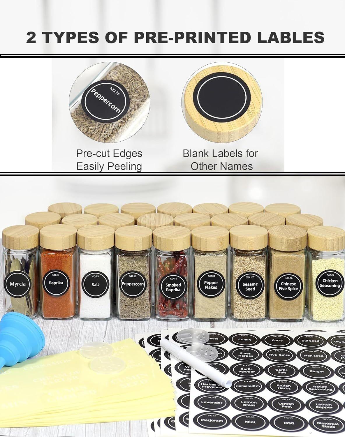 CARLA HOME 24 Glass Spice Jars with Bamboo Lids, Shaker Tops, 180 Spice Labels, White Pen & Funnel for Kitchen Organization, Spice Rack, Seasoning & Herb Storage.