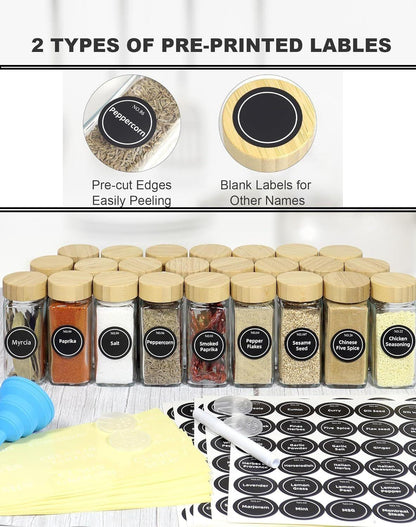 CARLA HOME 24 Glass Spice Jars with Bamboo Lids, Shaker Tops, 180 Spice Labels, White Pen & Funnel for Kitchen Organization, Spice Rack, Seasoning & Herb Storage.