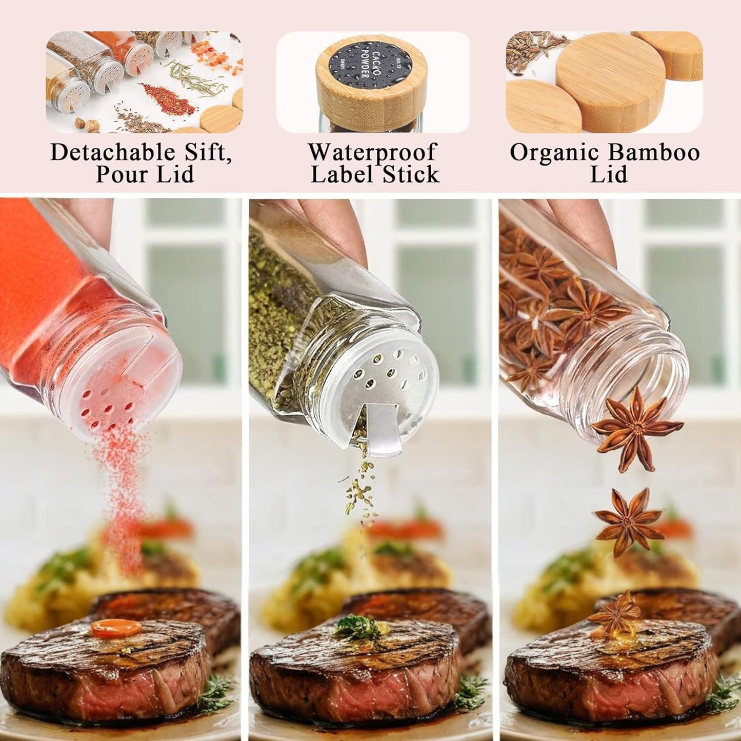 CARLA HOME 24 Glass Spice Jars with Bamboo Lids, Shaker Tops, 180 Spice Labels, White Pen & Funnel for Kitchen Organization, Spice Rack, Seasoning & Herb Storage.