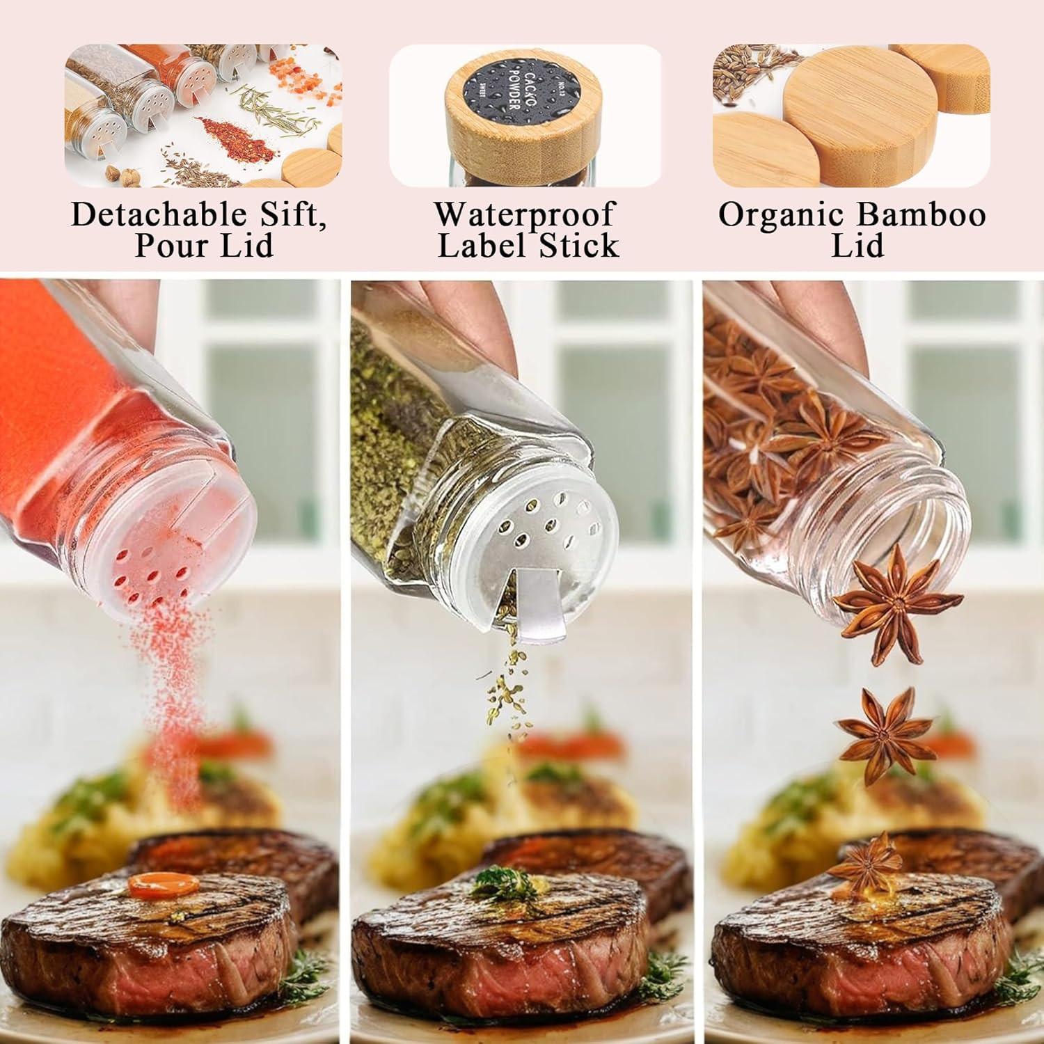 CARLA HOME 24 Glass Spice Jars with Bamboo Lids, Shaker Tops, 180 Spice Labels, White Pen & Funnel for Kitchen Organization, Spice Rack, Seasoning & Herb Storage.