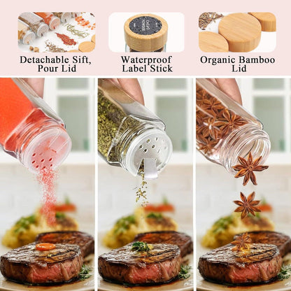 CARLA HOME 24 Glass Spice Jars with Bamboo Lids, Shaker Tops, 180 Spice Labels, White Pen & Funnel for Kitchen Organization, Spice Rack, Seasoning & Herb Storage.
