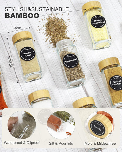 CARLA HOME 24 Glass Spice Jars with Bamboo Lids, Shaker Tops, 180 Spice Labels, White Pen & Funnel for Kitchen Organization, Spice Rack, Seasoning & Herb Storage.