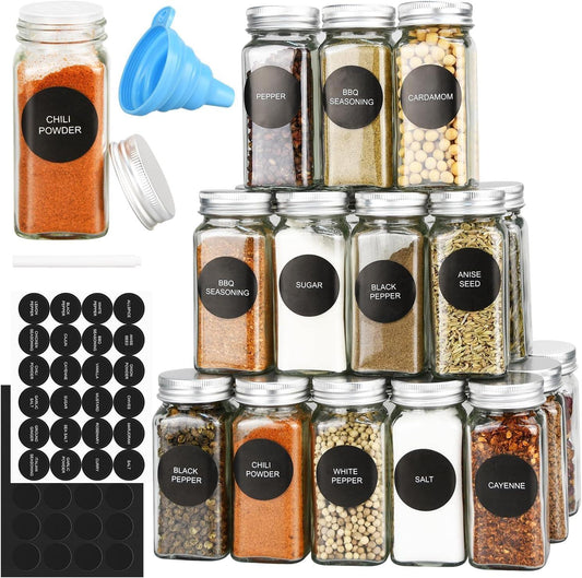 CARLA HOME 24 Glass Spice Jars with Lids, Shaker Tops, 180 Spice Labels, White Pen & Funnel for Kitchen Organization, Spice Rack, Seasoning & Herb Storage.