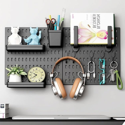 CARLA HOME Pegboard Wall Organizer Kit â 2 Black Modular Pegboards with 10 Accessories for Office, Gaming & Home Storage.