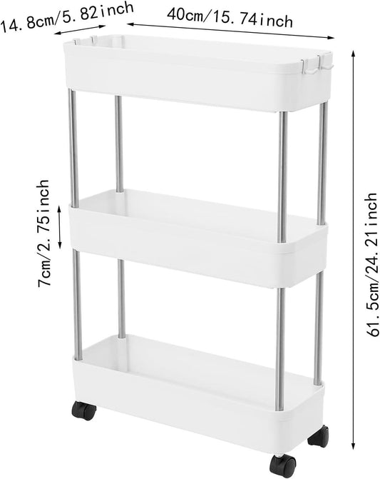 CARLA HOME Slim Storage Cart Organizer Trolley with Wheels for Kitchen, Bathroom, Laundry & Narrow Spaces (3 tier).