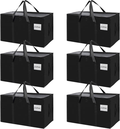 CARLA HOME 6-Pack Large Moving Storage Bags with Zippers & Handles with 95 Liters Capacity for Space Saving, Travel, Camping & Organization (Black)