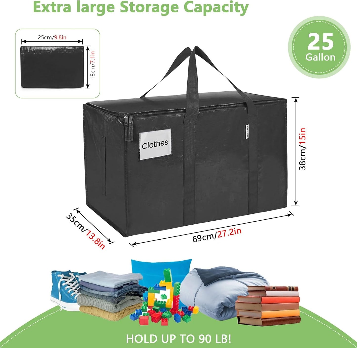 CARLA HOME 6-Pack Large Moving Storage Bags with Zippers & Handles with 95 Liters Capacity for Space Saving, Travel, Camping & Organization (Black)