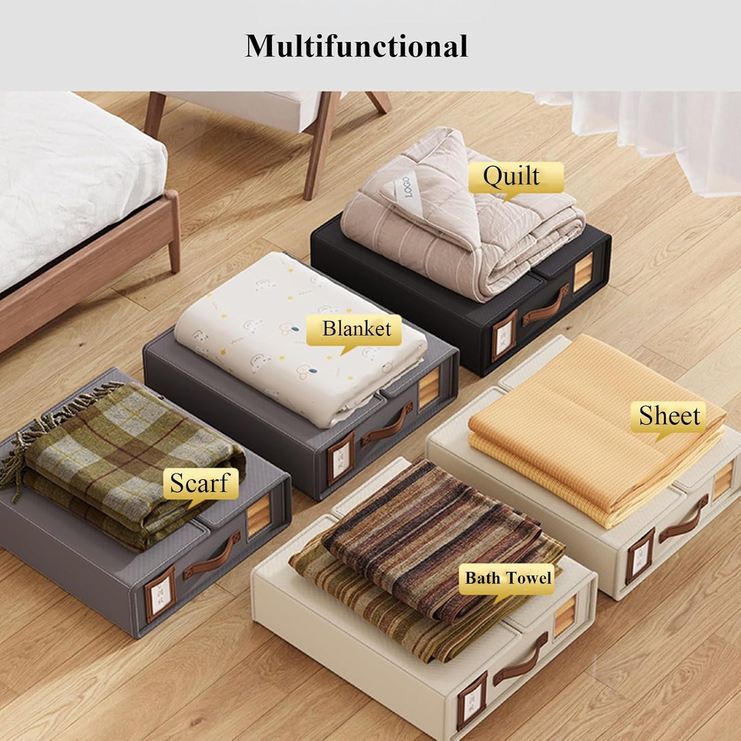 CARLA HOME Bed Sheet Organizer Set of 4 with Handle & Window for Covers, Pillowcases, Blankets, Clothes & Sheets (Beige)