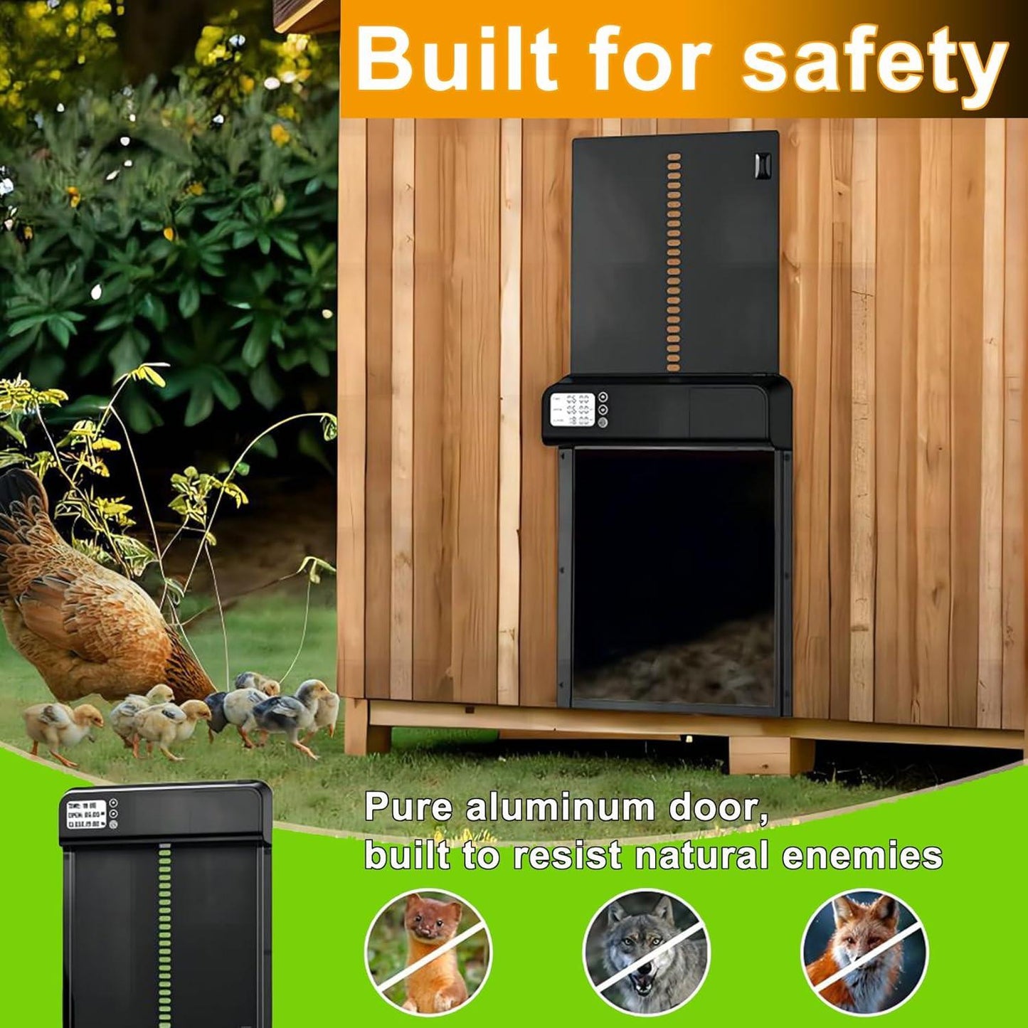 CARLA HOME Automatic Chicken Coop Door with Timer & LCD Screen, Anti-Pinch Safety, Easy Battery Operation & Weatherproof for Outdoor Coops.