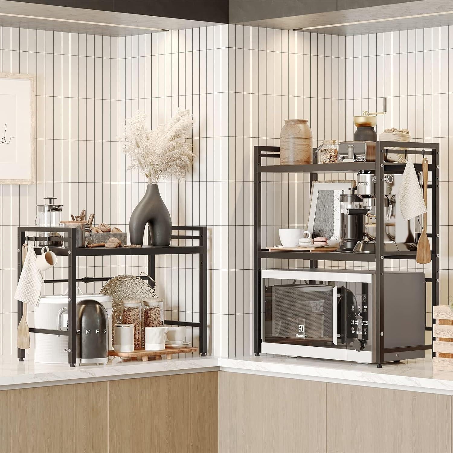 CARLA HOME 2-Tier Microwave Oven Rack with Adjustable Metal Kitchen Shelf Stand for Countertop Storage and 6 Hooks for Utensils (Black).