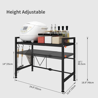 CARLA HOME 2-Tier Microwave Oven Rack with Adjustable Metal Kitchen Shelf Stand for Countertop Storage and 6 Hooks for Utensils (Black).