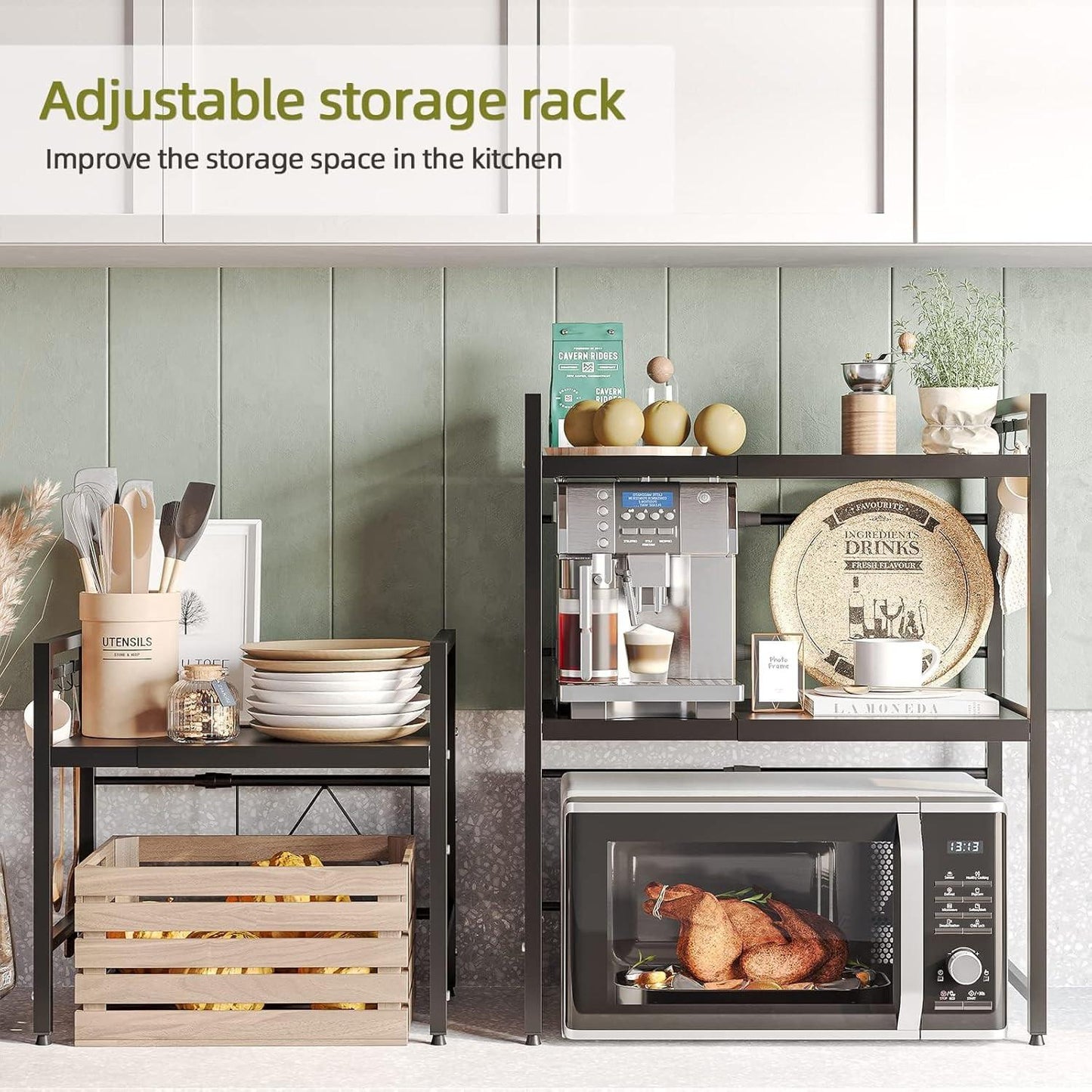 CARLA HOME 2-Tier Microwave Oven Rack with Adjustable Metal Kitchen Shelf Stand for Countertop Storage and 6 Hooks for Utensils (Black).