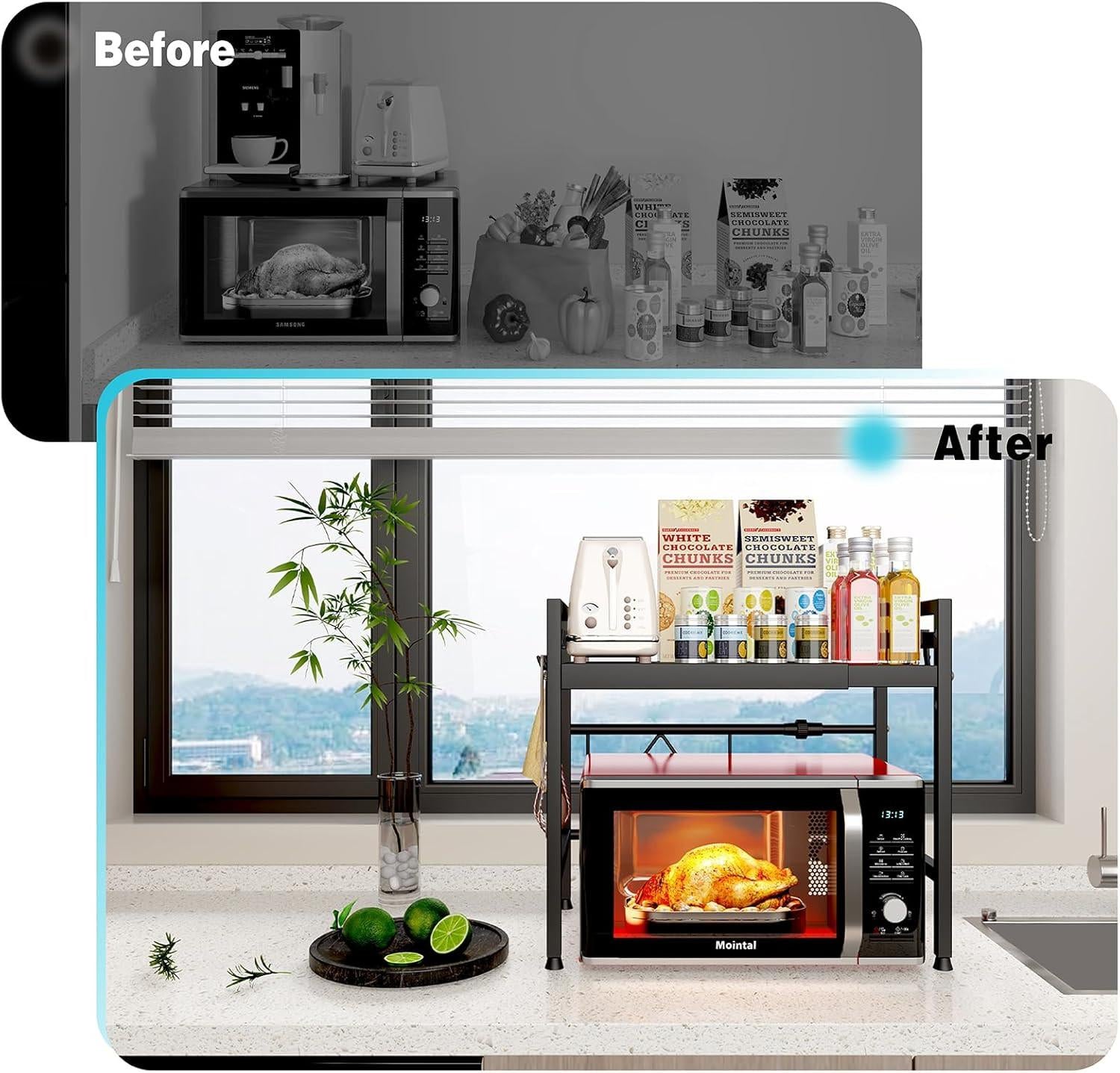 CARLA HOME 2-Tier Microwave Oven Rack with Adjustable Metal Kitchen Shelf Stand for Countertop Storage and 6 Hooks for Utensils (Black).