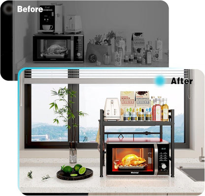 CARLA HOME 2-Tier Microwave Oven Rack with Adjustable Metal Kitchen Shelf Stand for Countertop Storage and 6 Hooks for Utensils (Black).