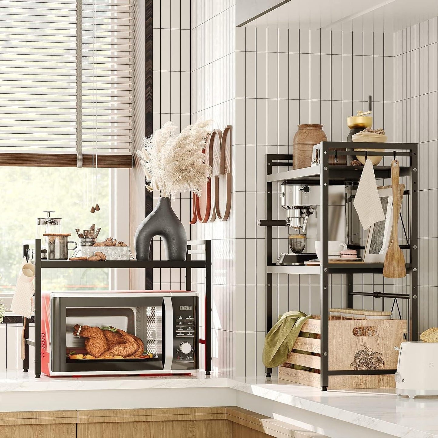 CARLA HOME 2-Tier Microwave Oven Rack with Adjustable Metal Kitchen Shelf Stand for Countertop Storage and 6 Hooks for Utensils (Black).