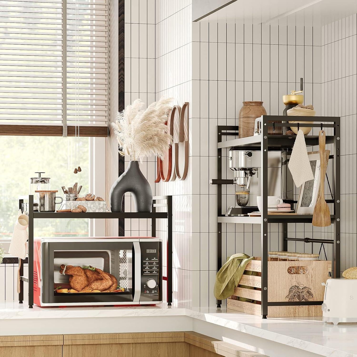 CARLA HOME 2-Tier Microwave Oven Rack with Adjustable Metal Kitchen Shelf Stand for Countertop Storage and 6 Hooks for Utensils (Black).