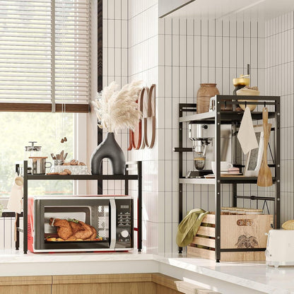 CARLA HOME 2-Tier Microwave Oven Rack with Adjustable Metal Kitchen Shelf Stand for Countertop Storage and 6 Hooks for Utensils (Black).