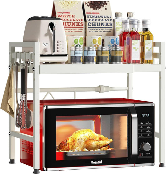 CARLA HOME 2-Tier Microwave Oven Rack with Adjustable Metal Kitchen Shelf Stand for Countertop Storage and 6 Hooks for Utensils (White).
