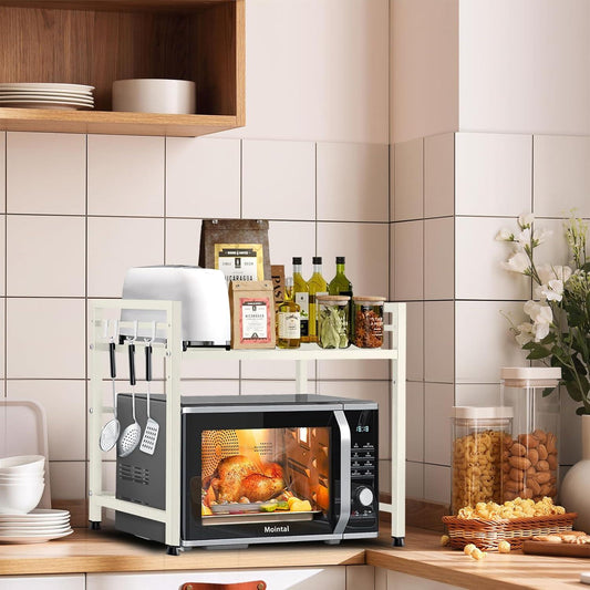 CARLA HOME 2-Tier Microwave Oven Rack with Adjustable Metal Kitchen Shelf Stand for Countertop Storage and 6 Hooks for Utensils (White).