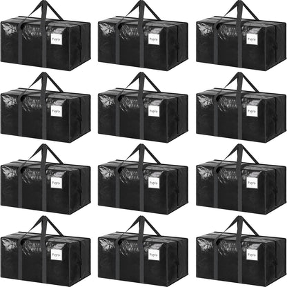 CARLA HOME 12-Pack Large Moving Storage Bags with Zippers & Handles with 95 Liters Capacity for Space Saving, Travel, Camping & Organization (Black)
