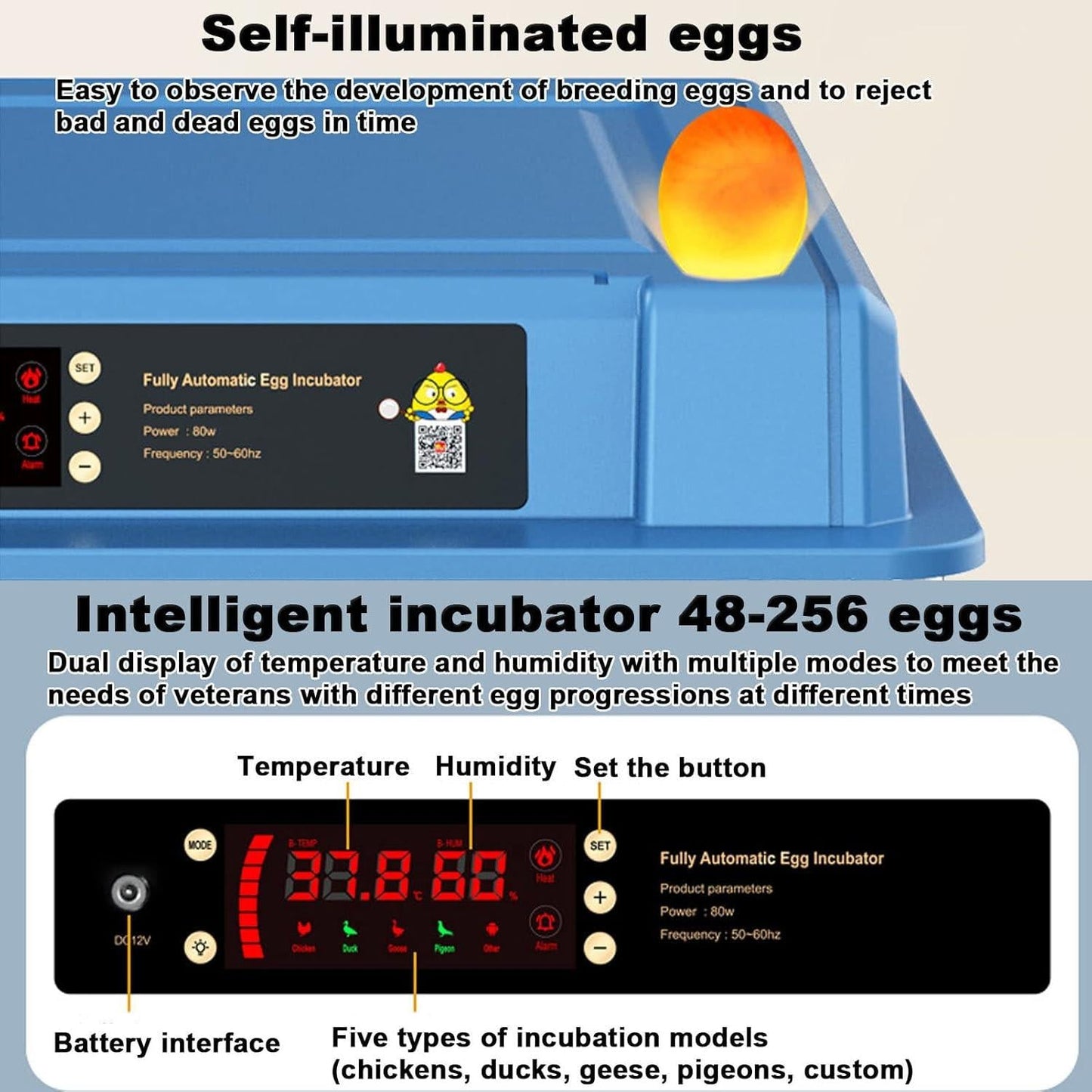 CARLA HOME 128 Egg Incubator with Automatic Turning, LED Display, Humidity & Temperature Control, Auto Water System & Built-in Egg Candler for Chicken, Duck, Quail, Goose.
