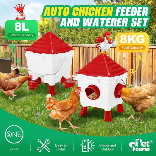 CARLA HOME Chicken Feeder Waterer Set, Automatic Gravity Dispenser with 8KG Food & 8L Water Capacity, 4 Ports & Cups, Clean Poultry Feeding for Coop, Duck, Quail, Hen.