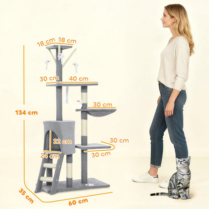 CARLA HOME 134cm Cat Tree for Indoor Cats with Hammock, Plush Perch & Sisal Scratching Posts for Kittens & Adult Cats (Light Grey)