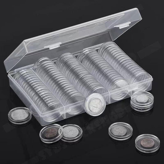100PCS Clear Plastic Coin Holder Storage Box 20-30mm.