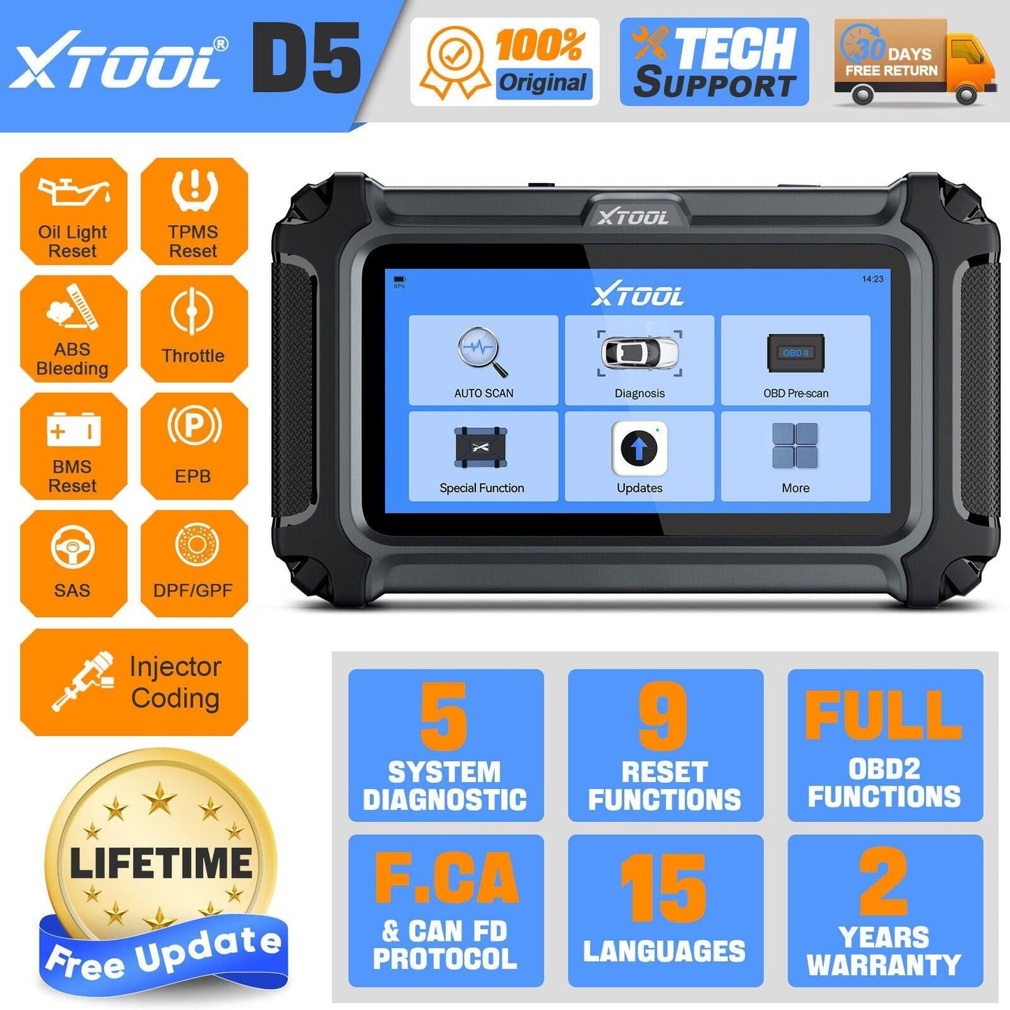 2025 D5 OBD2 Scanner ABS SRS Engine Diagnostic Tool.