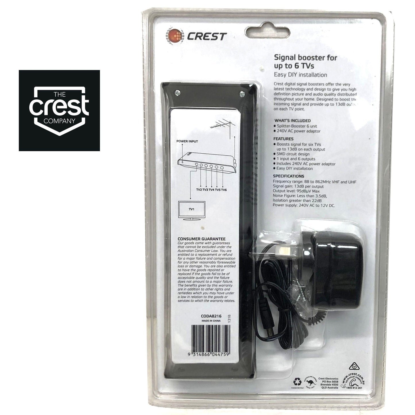 Crest UHF VHF Digital TV Signal Splitter Distributor 6 Outputs.