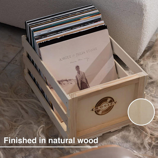 Crosley Vinyl LP Record Storage Crate Natural Wood Holds up to 75.