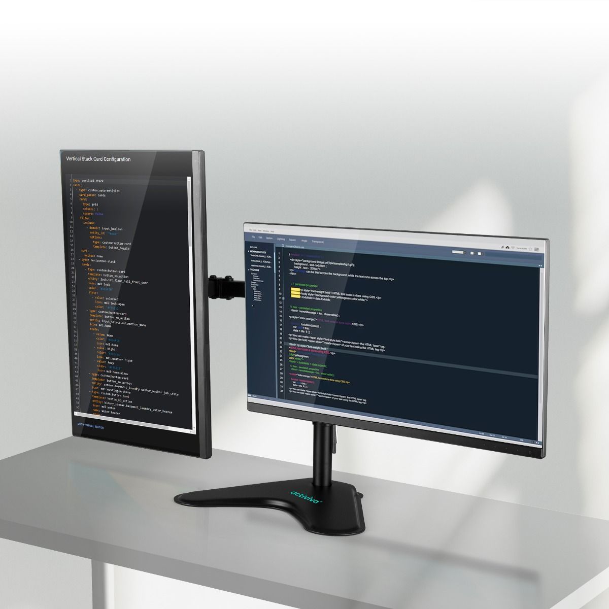 activiva Dual-Screen Articulating Monitor Arm with Free-Standing Desktop Base